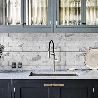 Vamos Tile 100-Piece Glossy Statury White Peel and Stick Backsplash Tile,3''x6'' PVC Subway Tile with Dark Gray Grout, Stick on Backsplash for Kitchen/Bathroom/Fireplace
