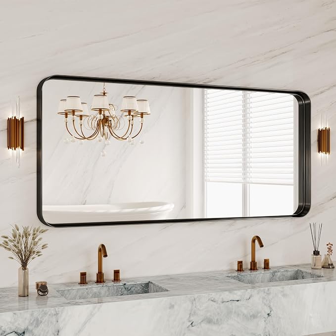 60X28 Inch Black Metal Framed Bathroom Mirror for Wall, Matte Framed Rounded Rectangular Modern Mirrors for Over Sink, Anti-Rust, HD Tempered Glass, Farmhouse, Hangs Horizontally or Vertically