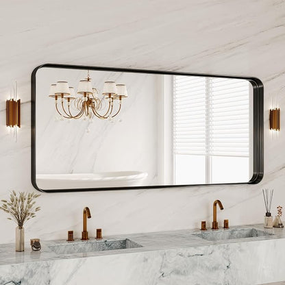 60X28 Inch Black Metal Framed Bathroom Mirror for Wall, Matte Framed Rounded Rectangular Modern Mirrors for Over Sink, Anti-Rust, HD Tempered Glass, Farmhouse, Hangs Horizontally or Vertically