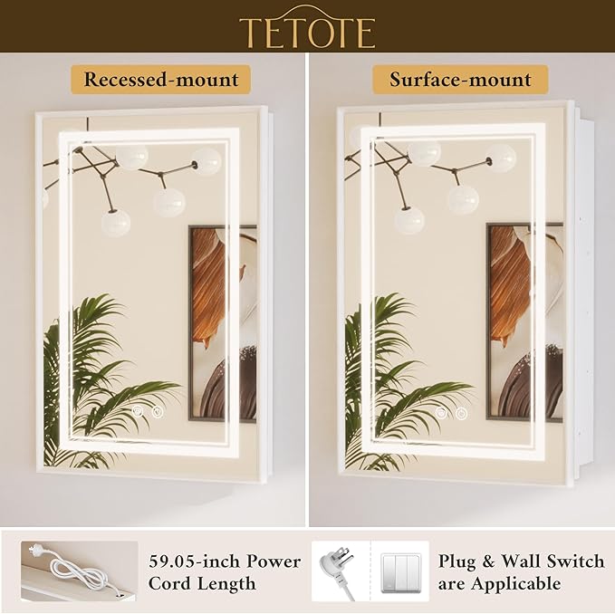 TETOTE White Led Lighted Bathroom Medicine Cabinet with Mirror 20 x 26 Recessed or Surface Mount Metal Framed Medicine Cabinet with Lights, Tempered Glass, 3 Color Dimming, Anti-Fog, 2 Outlets