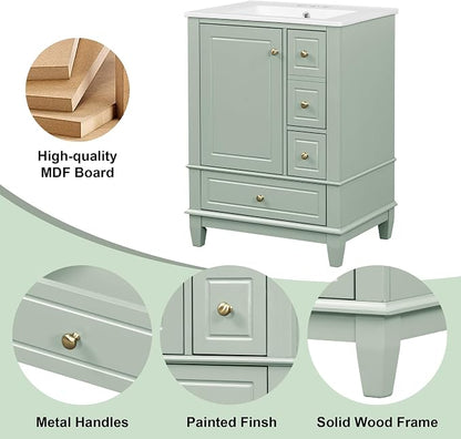 Bathroom Vanity with Ceramic Sink 24 Inch, Cabinet with One Door and Three Drawers, Soft-Closing Door, Solid Wood Legs, Green