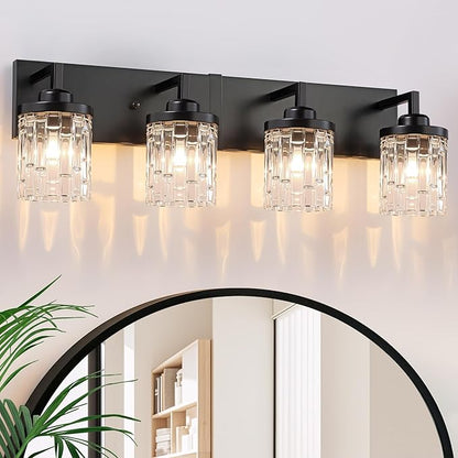 maesta Black Bathroom Light Fixture,4 Light Modern Vanity Light Over Mirror | Modern Vanity Light, Black Metal & Crystal Glass Fixture, Anti-Rust, Easy to Install for Bathroom Hallway Bedroom Entryway