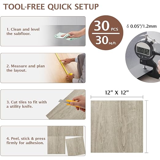 Peel and Stick Floor Tile, 30 Pcs 12" x 12" Waterproof Wood Grain Luxury Vinyl Plank Flooring, Easy DIY Self Adhesive Vinyl Floor for Bathroom, Kitchen, Living Room, Light Brown