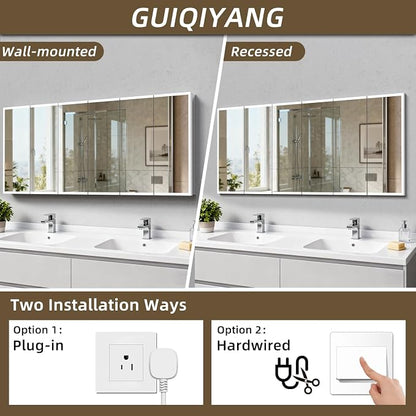 Medicine Cabinet with Lights, Bathroom LED Mirror Cabinet with Storage, Anti-Fog & 3 Color Lights, Recessed or Wall Mounted (96X40 in)