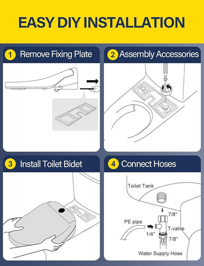 Bidet Toilet Seat, Smart Unlimited Warm Water, Electronic Heated Toilet Seat with Remote Control, Turbo Wash, Dryer, Rear and Front Wash, Slow Closes, Night Light, White 225 (Elongated)