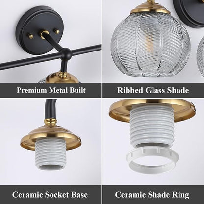 Mecgirn Bathroom Vanity Light Fixtures, 3-Light Smoky Gray Glass Shade, Modern Black and Gold Wall Sconce, Unique Textured Leaf Pattern, Ceramic E26 Sockets Wall Mounted for Mirror, Cabinet, Hallway