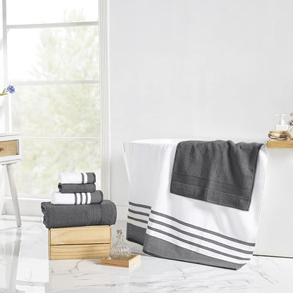 Modern Threads 6-Piece Towel Set – 100% Cotton, Quick Dry, Ultra Absorbent – Includes 2 Bath, 2 Hand, 2 Washcloths (White/Reinhart Charcoal)