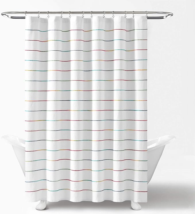 Lush Decor Ombre Stripe Yarn Dyed Cotton Shower Curtain, 72" W x 72" L, Rainbow - Fabric Shower Curtains - Striped Bathroom Curtain - Farmhouse & Coastal Decor