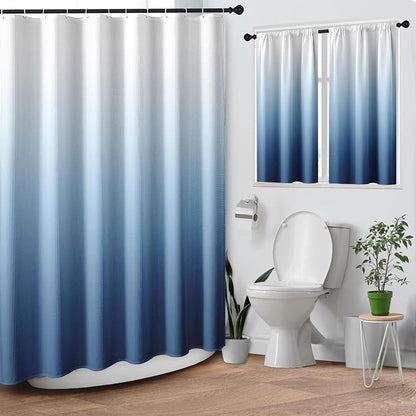 Shower Curtain Set, for Bathroom Decor 72" x 72", Gradient Ombre | Waffle Modern Blue Waffle Textured Cloth Waterproof Matching Window Shower Curtain 36 x 30 Inches