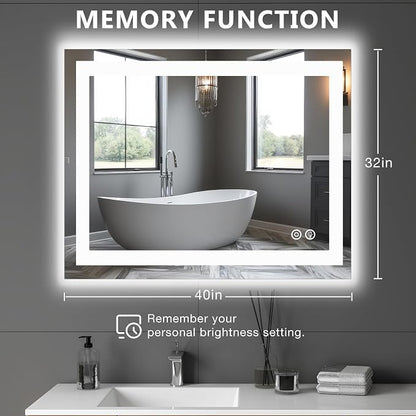 DUMOS 32.1"x40.1" LED Bathroom Mirror, Bathroom Vanity Mirror | Smart Anti-Fog, Front Light and Backlit, 3 Color Temperatures, Dimmable, Memory Function
