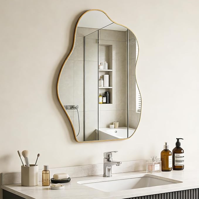Irregular Asymmetrical Wall Mirror, 28x20 Inch Gold Bathroom Mirror | Decorative Wall Mirror, HD Tempered Glass, Golden Wood Framed Mirror for Bathroom Living Room Entryway Bedroom Hallway