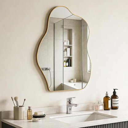 Irregular Asymmetrical Wall Mirror, 28x20 Inch Gold Bathroom Mirror | Decorative Wall Mirror, HD Tempered Glass, Golden Wood Framed Mirror for Bathroom Living Room Entryway Bedroom Hallway