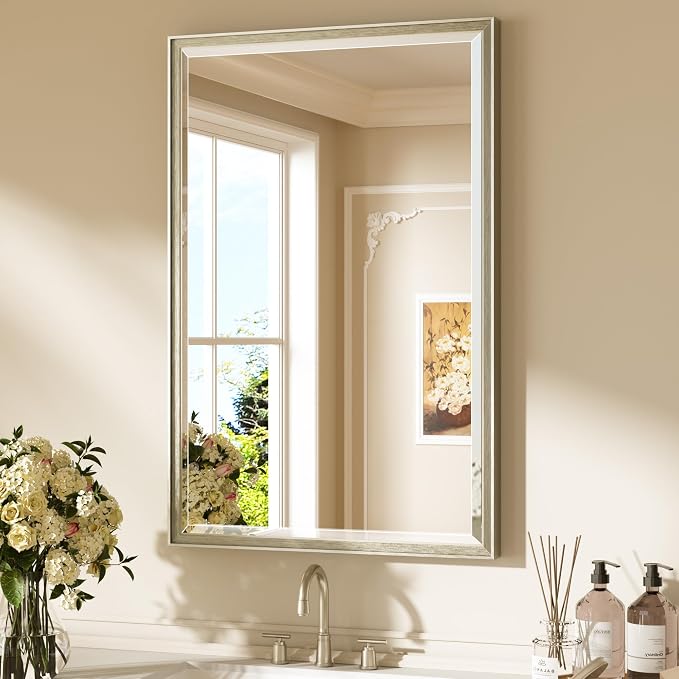 Keonjinn Brushed Nickel Bathroom Mirror 24 x 36 Inch, Aluminum Alloy Frame | Safe Tempered Glass with Beveled Edge, Clear Reflection, Secure French Cleat, Transitional Rectangle Vanity Mirror, Entryway