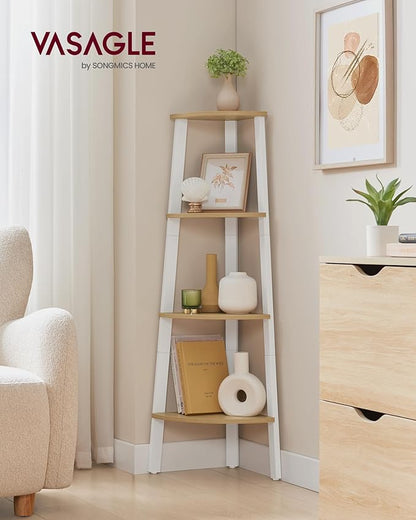 VASAGLE Corner Shelf Stand, 4-Tier Corner Bookshelf, Industrial Ladder Shelf, Plant Stand for Living Room, Office, Kitchen, Natural Oak and Matte White ULLS034Y70