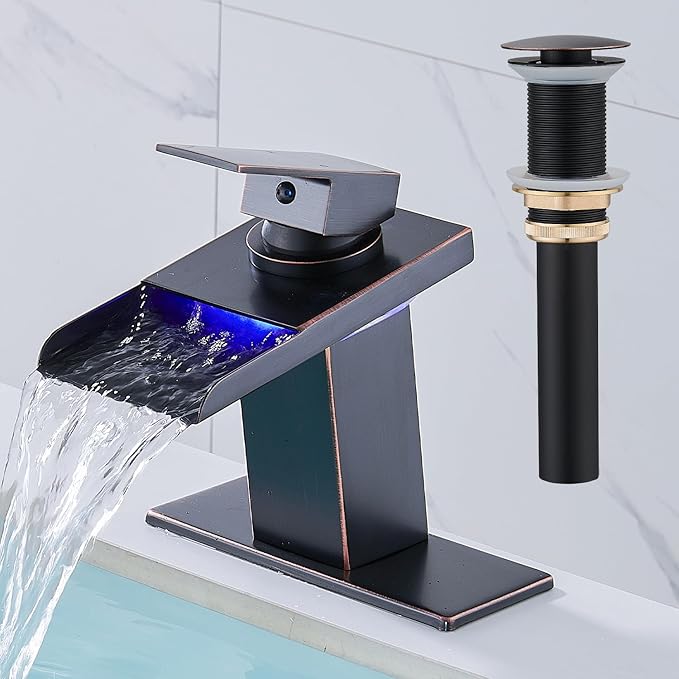 LED Bathroom Sink Faucet, Oil Rubbed Bronze Waterfall Single Hole Handle Vanity Faucets for Sinks 1 Hole with Metal Pop Up Drain and 2 Water Supply Lines, Stainless Steel Spout