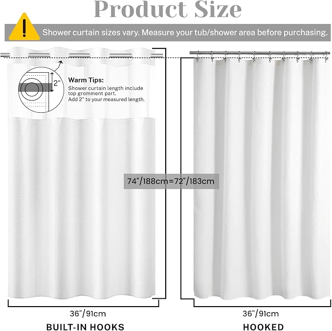 SORTTO No Hook Shower Curtain with Snap in Liner Set Waffle Shower Curtain for Bathroom Hotel Style Fabric Waterproof Inner Liner，36" W x 74" H, White