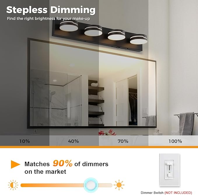 26In Motion Sensor Vanity Light, Matte Black 3CCT 4-Light Modern LED Bathroom Lighting Fixtures Over Mirror, Dimmable Rotatable Head Wall Sconce, 3000K-6000K Color Selectable
