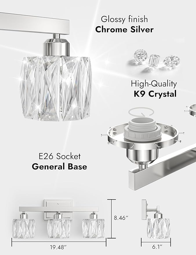 VOLISUN Crystal Vanity Lights for Bathroom, 3 Light Bathroom Vanity Light, Modern Stainless Steel Bathrooms Lights Over Mirror, Chrome Bathrooms Lights Fixtures-UL Certificated(Exclude Bulb)