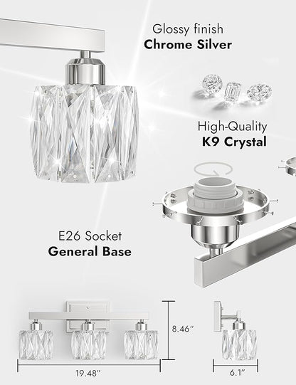 VOLISUN Crystal Vanity Lights for Bathroom, 3 Light Bathroom Vanity Light, Modern Stainless Steel Bathrooms Lights Over Mirror, Chrome Bathrooms Lights Fixtures-UL Certificated(Exclude Bulb)