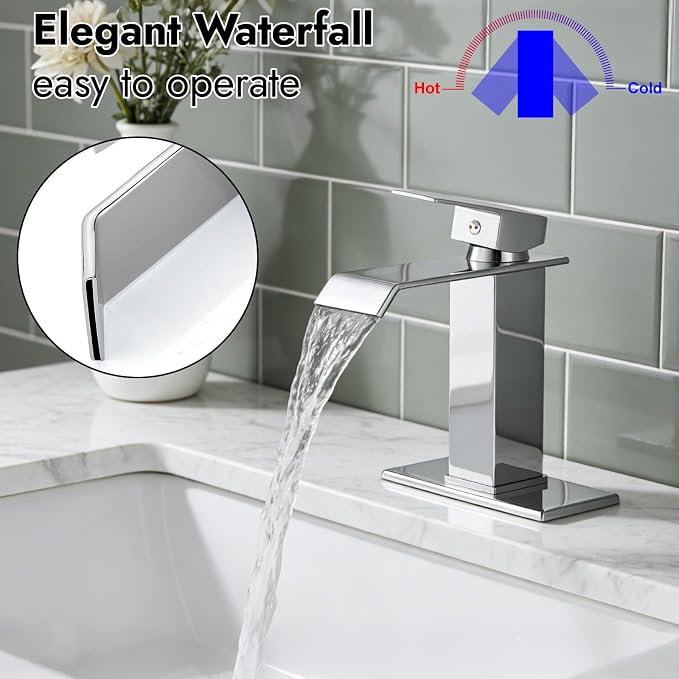 Midanya Waterfall Bathroom Sink Faucet 1 Hole,Polish Chrome | with cUPC Hoses,Pop Up Drain,Deck Plate,for 1 or 3 hole sink,Vanity,RV,Lavatory,Basin,Farmhouse,Stainless Steel,Single Handle