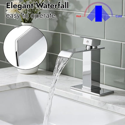 Midanya Waterfall Bathroom Sink Faucet 1 Hole,Polish Chrome | with cUPC Hoses,Pop Up Drain,Deck Plate,for 1 or 3 hole sink,Vanity,RV,Lavatory,Basin,Farmhouse,Stainless Steel,Single Handle
