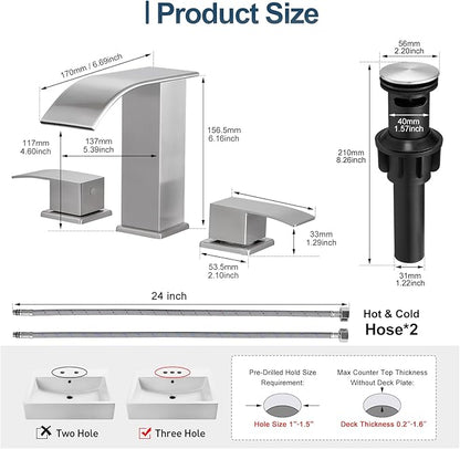 Waterfall Bathroom Faucet, 3 Hole Widespread, Brushed Nickel, 8 Inch, 2-Handles, Pop-Up Drain, Modern, Bathroom Sink, Bathtub, Vanity, RV, Farmhouse Sink