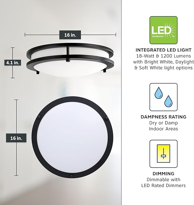 Designers Fountain Flush Mount Ceiling Light, 16 Inch Round LED DC Lighting Fixture Kitchen, Bedroom, Bathroom, and Hallway, Dimmable, 1800 Lumens, 3000K/4000K/5000K, Matte Black, EV1416C3C-43
