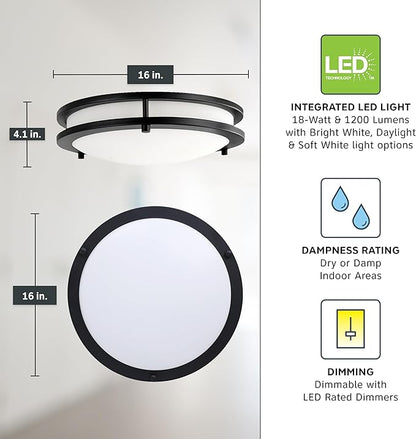 Designers Fountain Flush Mount Ceiling Light, 16 Inch Round LED DC Lighting Fixture Kitchen, Bedroom, Bathroom, and Hallway, Dimmable, 1800 Lumens, 3000K/4000K/5000K, Matte Black, EV1416C3C-43