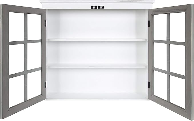 Kate and Laurel Hutchins Decorative Farmhouse Wood Wall Cabinet, 30 x 6.5 x 27.5, White and Gray, Wall Cabinet with Window Pane Glass Doors