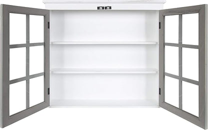 Kate and Laurel Hutchins Decorative Farmhouse Wood Wall Cabinet, 30 x 6.5 x 27.5, White and Gray, Wall Cabinet with Window Pane Glass Doors