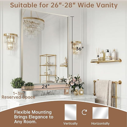 Brushed Nickel Bathroom Mirror, 30"x36" Rectangle Mirror, Brushed Mirror, Metal Frame Square Corner Vanity Mirror, Wall Mounted Mirror for Modern, Living Room, Bedroom, Horizontal Or Vertical