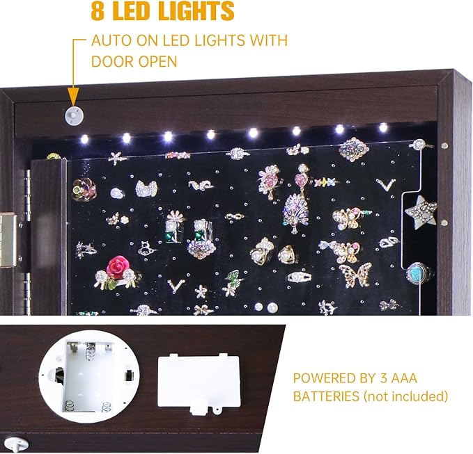 8 LED Lights Jewelry Armoire with Mirror Cabinet Door/Wall Mounted | 47.3' H Mirror With Storage And 2 Drawers - Brown