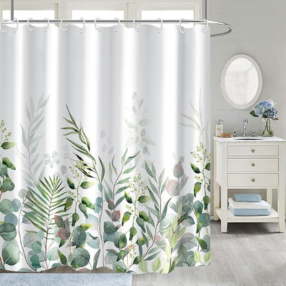 AWERT Shower Curtain Plants for Bathroom,Waterproof Quick-Drying Green Leaves Shower Curtain Set with Hooks 60x72 Inch