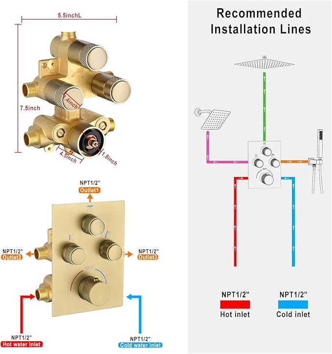 Dual Shower Heads Shower System with 16" Ceiling Mounted Rain Shower Head & 6" Wall Mounted Head Full Body Shower System 3 Way Thermostatic Shower Valve Can All Run Together, Brushed Gold