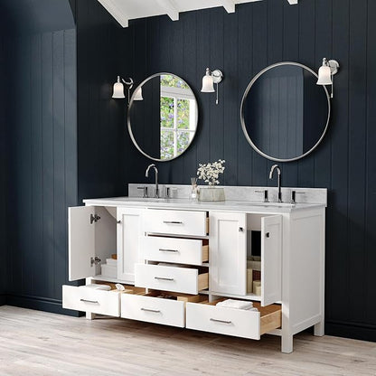 ARIEL Cambridge 66-inch Bathroom Vanity with Sink,Solid Wood, 0.75-inch Italian Carrara Marble Countertop & Backsplash, Double Oval Porcelain Sink, 4 Soft Closing Doors, 6 Dovetail Drawers, White