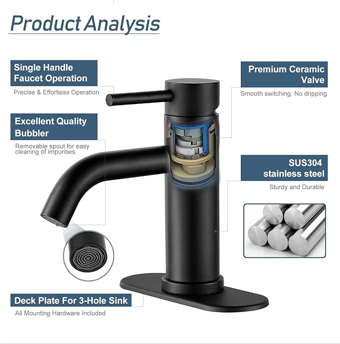 Black Bathroom Faucet Single Hole Bathroom Sink Faucet Vanity Single Handle Matte Black Modern RV Faucet 1 Hole or 3 Hole Deck Plate，Water Supply Lines