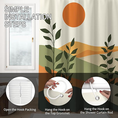 Boho Mid Century Shower Curtain for Bathroom Modern Abstract Sun Botanical Leaves Bath Curtain Neutral Minimalist Plant Waterproof Fabric Bathroom Decor Set with Hooks 72x84 inch