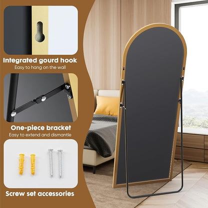NEWBULIG Arched Full Length Floor Mirror 64"x21", Body Standing Mirror | Wall Hanging or Leaning, Shatter-Proof Glass, Aluminum Alloy Frame with Stand, Home Decor Bedroom, Gold
