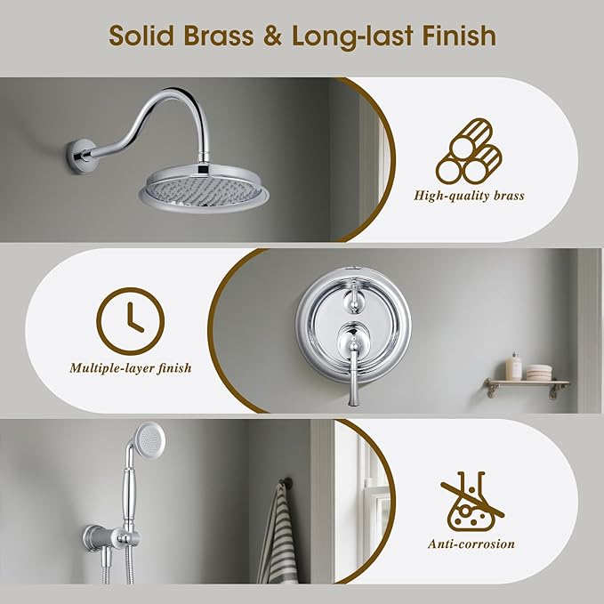 Rain Shower Head with Handheld Spray, Rainfall Shower System with Rough-in Valve, Shower Faucet Set with Pressure Balance Valve, 9 Inch Luxury Shower Trim Kit Wall Mount, Polished Chrome