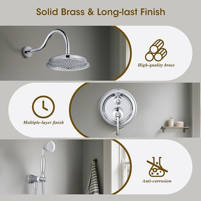 Rain Shower Head with Handheld Spray, Rainfall Shower System with Rough-in Valve, Shower Faucet Set with Pressure Balance Valve, 9 Inch Luxury Shower Trim Kit Wall Mount, Polished Chrome