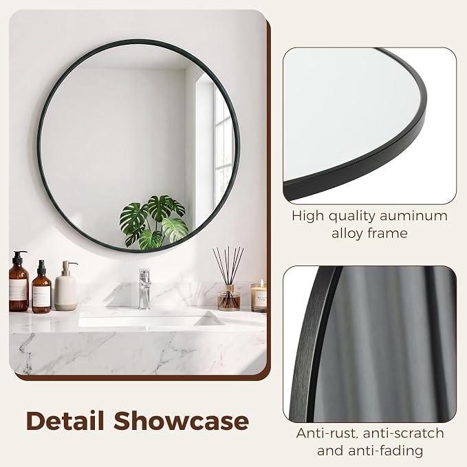 Sweetcrispy 20 Inch Round Wall Mirror, Bathroom Mirrors for Over Sink | Matte Metal Framed, Wall Decor for Bedroom, Entryway, Anti-Rust, Tempered Glass, Hanging or Leaning, Black