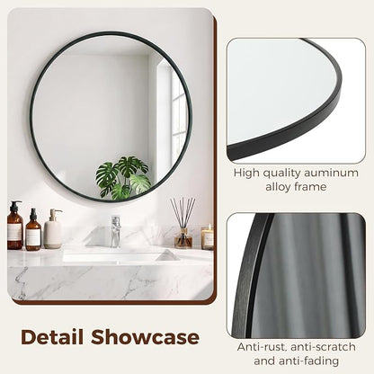 Sweetcrispy 20 Inch Round Wall Mirror, Bathroom Mirrors for Over Sink | Matte Metal Framed, Wall Decor for Bedroom, Entryway, Anti-Rust, Tempered Glass, Hanging or Leaning, Black