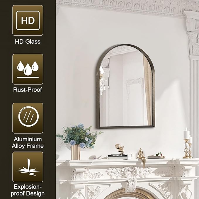 Arched Mirror Bathroom Wall Mirror 16"x12" Brushed Metal Vanity Wall Mounted Mirror for LivingRoom Bedroom Entryway Room Home Decor