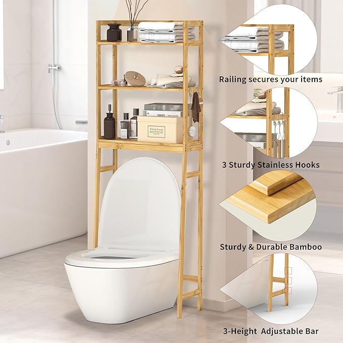 BAMBANG Over The Toilet Storage Rack, 3-Tier Over The Toilet Storage Shelf with 3 Hooks, Freestanding Above Toilet Bathroom Organizer Shelves for Space Saver Storage, Bamboo Natural
