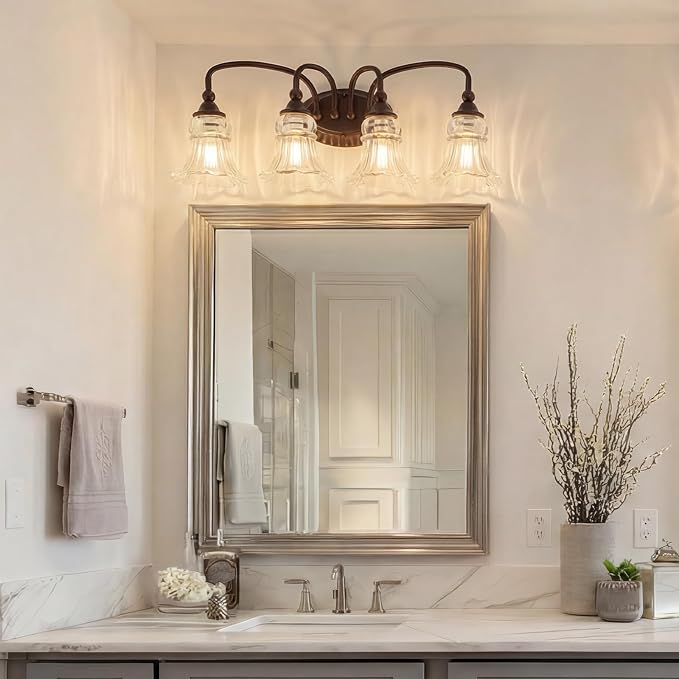 4-Light Vintage Bathroom Light Fixtures, Oil Rubbed Bronze | Vanity Lights Over Mirror with Floral Glass Shade for Bathroom Powder Room, Living Room Hallway