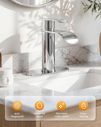 Waterfall Bathroom Faucet Chrome: WOWOW Modern Single Handle Bathroom Faucets for 1 or 3 Hole Bathroom Sink Faucet Mixer Tap Washbasin Faucet with Deck, Pop-up Drain and Supply Hoses