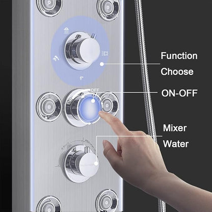 FUZ Contemporary Shower Panel Tower System Stainless Steel 6-Function Faucet LED Rainfall Waterfall Shower Head + Handheld Sprayer + Rain Massage Body Jets + Tub Spout,Brushed Nickel