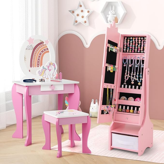 CHARMAID Kids Jewelry Cabinet - 45.5" Standing Armoire With Full Length Mirror, Organizer With Storage Drawers, Vanity Dressing Mirror for Girls (Pink)