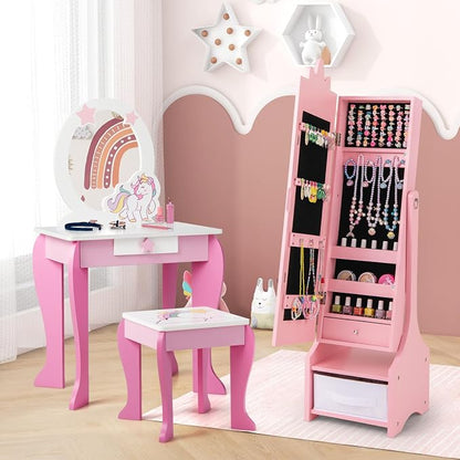 CHARMAID Kids Jewelry Cabinet - 45.5" Standing Armoire With Full Length Mirror, Organizer With Storage Drawers, Vanity Dressing Mirror for Girls (Pink)