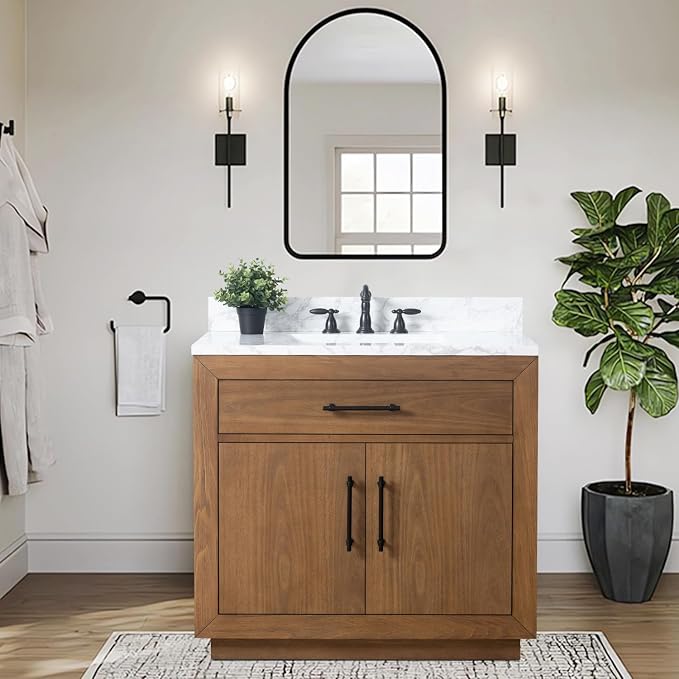 Vanity Art Modern Bathroom Cabinet with Carrara Marble Top, 36 inch Tan Wood Cabinet, Single Sink, Soft Closing Doors, Removable Shelf, VA7036E